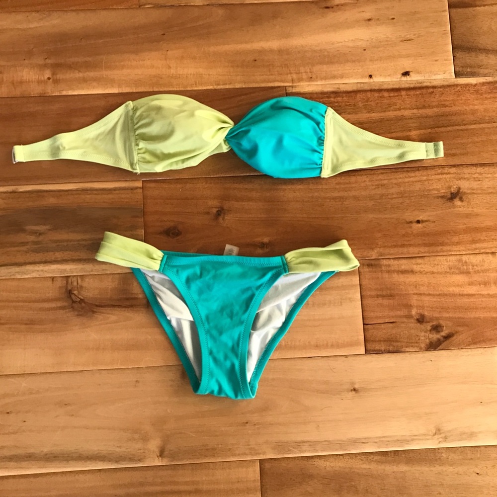 Teal and light lime green bikini